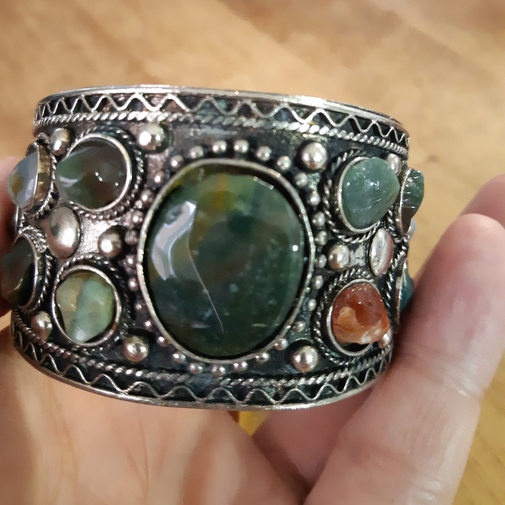 Various Gemstones Silver Tone Ethnic Tribal 1980's  Cuff  Bangle